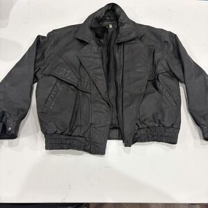 Men's Black Genuine Leather Bomber Jacket Medium Zip Button Y2K Motorcycle